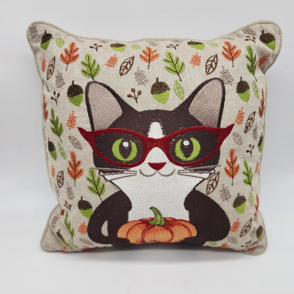 Pier 1 Cat with Glasses Pumpkin Throw Fall Pillow 12x12 Embroidered Whimsical